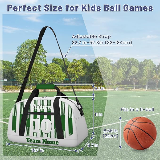 Basketball Soccer Gifts for Boys Girls - Custom Sports Duffle Bag, Personalized Name & Team Bag, Water-Resistant Gym Bag for Basketball, Soccer, Volleyball | Y-Green White