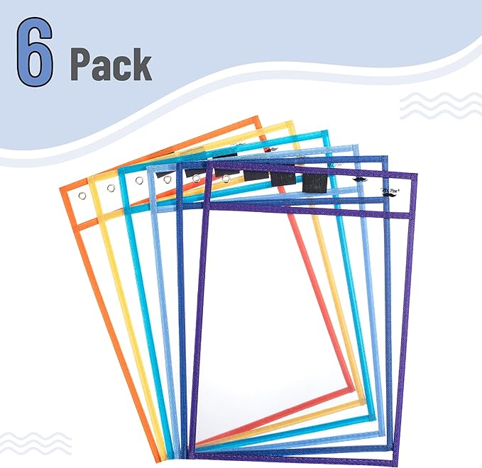 Mr. Pen- Dry Erase Pocket Sleeves, 10"x14", 6 pcs, Colorful, Plastic Sleeves for Paper 8.5x11, Dry Erase Sheet Protectors