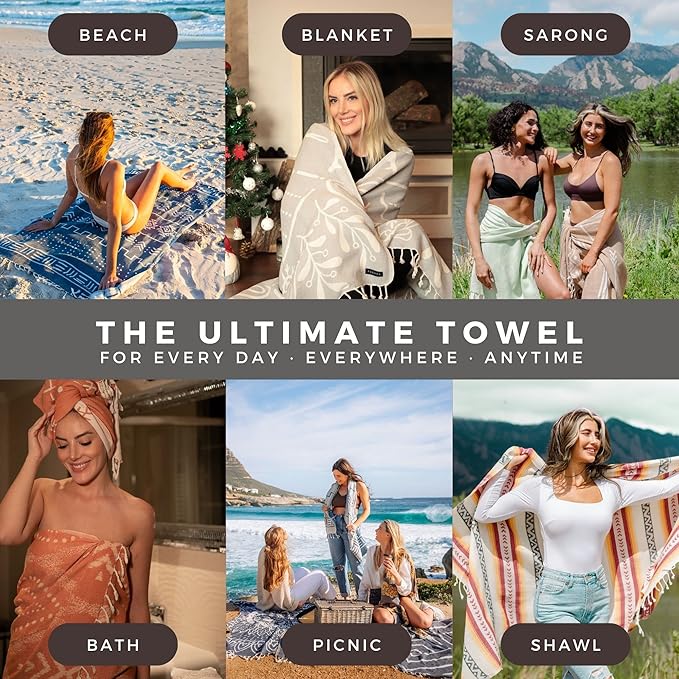 FESHKA Sand Proof Turkish Beach Towel – Oversized, Quick Dry & Lightweight Travel Towel - 100% Organic Cotton Beach Blanket - Perfect for Bath, Pool & Picnic | Gobeklitepe (Black)