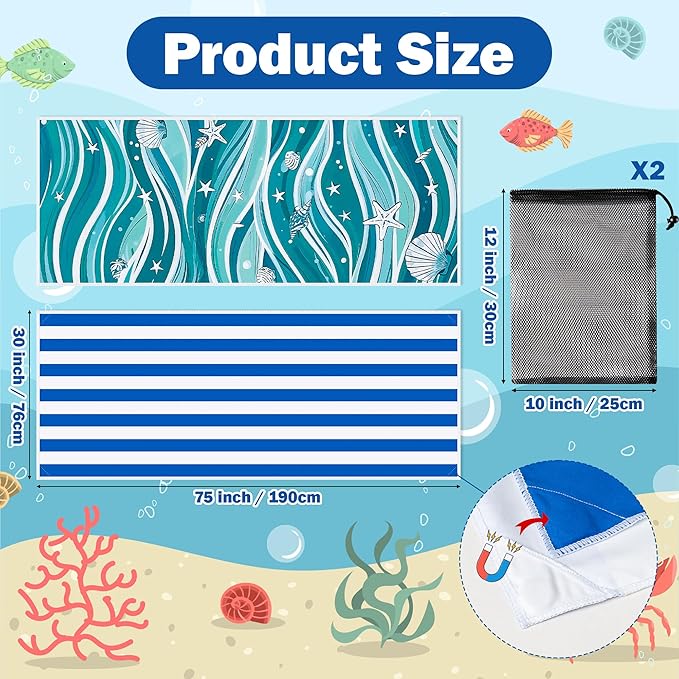2 Pack Magnetic Beach Towel- 75"x30" Stripe Wave Sand Free Quick Dry Microfiber Towel with Built-in Magnets Lightweight for Beach Chair Car Door Pool Travel Camping Yoga with Storage Bag
