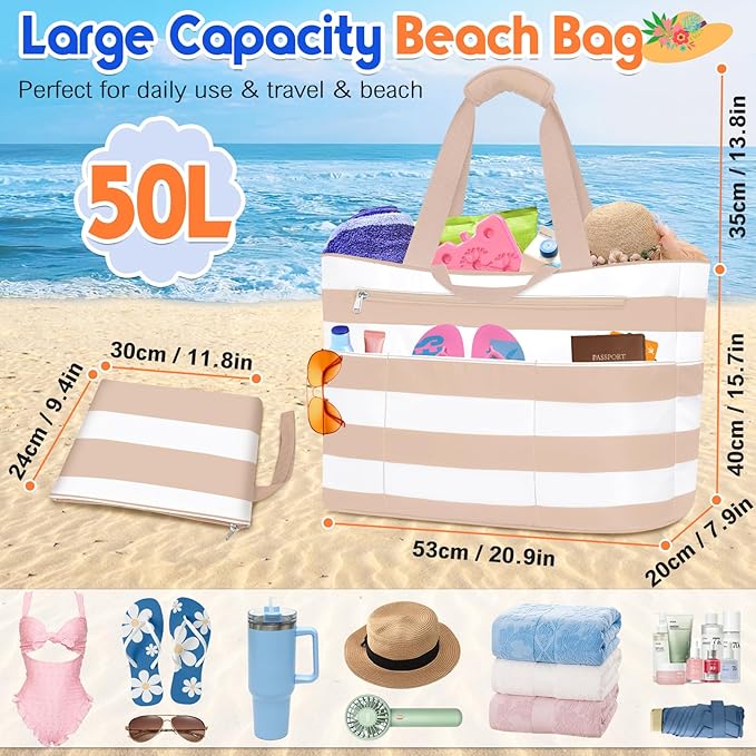 BKNOOU Extra Large Beach Bags Waterproof Sandproof XL Beach Tote Bag for Women Zipper Foldable Swim Pool Bag with Wet Pocket