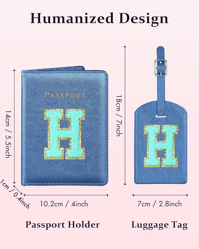 Slohif Passport Holder Initial Lugguage Tag Set Suitcase Cover Wallet Case for Travel Women - Leather Letter Passport Book Personalized Organizer Card Protector Sleeve Essentials Slim Carrier Blue H