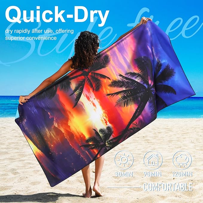 4 Packs Lightweight Thin Microfiber Beach Towel Oversized Quick Dry Compact Sandproof Clearance Towels Sand Free Swimming Pool Travel Accessories Essentials Women Adults Sunset Coconut Tree Marble