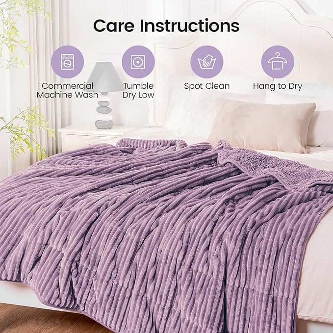 Sherpa Fleece Weighted Blanket with Ribbed Stripes for Adults, 15 lbs Dual Sided Cozy Warm Blanket for Couch Full Size Bed, Glass Beads Heavy Thick Blankets Great for Sleep, Light Purple, 60" x 80"