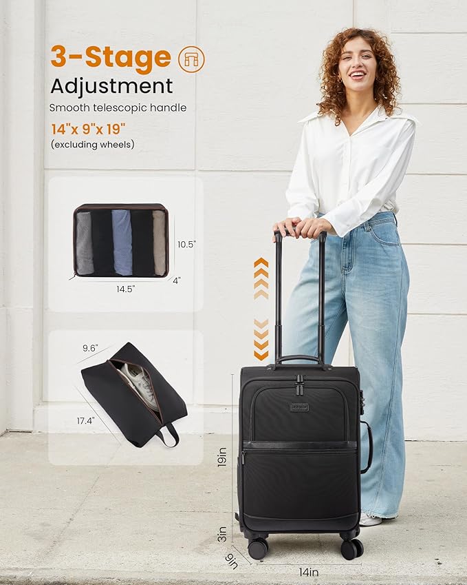LOVEVOOK Carry On Luggage 22x14x9 Airline Approved,20 Inch Suitcases with Spinner Wheels,Softside Carry-on Suitcase with TSA Lock for Men Women Business Trip Weekender Travel,Green&Brown