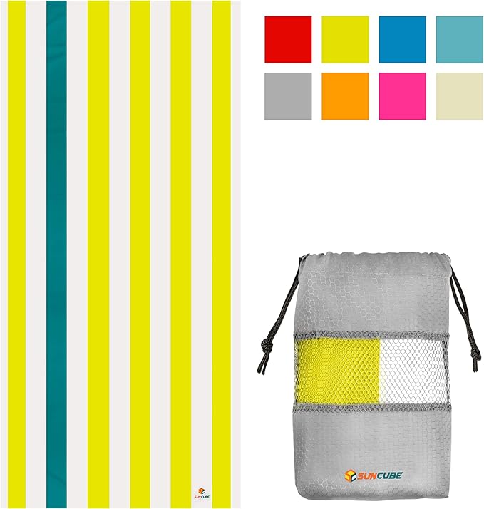 SUN CUBE Microfiber Beach Towel, Quick Dry Sand Free Beach Towel, Lightweight Compact Travel Swim Towel for Pool, Camping, Sand Resistant Packable Adult Towel - Yellow 78x35 Inches