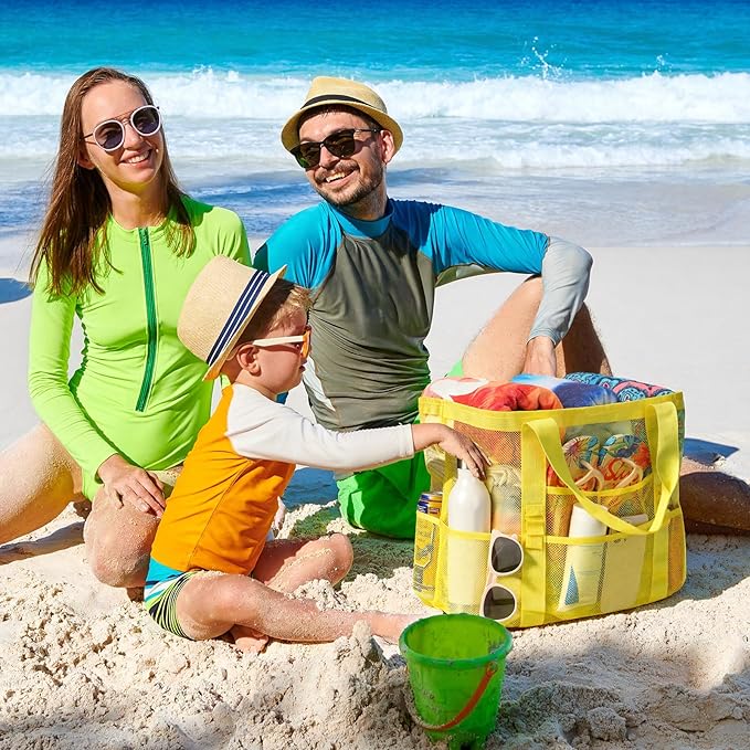 Beach Bag - Mesh Beach Bag Large 8 Pockets, Beach Tote Bag Beach Essentials for Vacation Must Haves