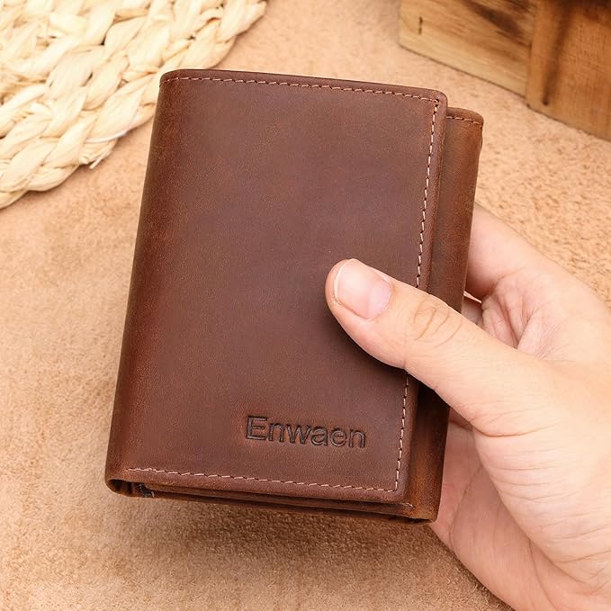Trifold Mens Wallet with Chain, Genuine Leather Wallet RFID Blocking Anti-Theft Chain for Biker, Motorcycle (Brown Color)