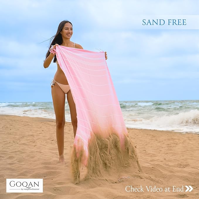 GOQAN Turkish Beach Towel Oversized 39x71 | Thin, Lightweight, 100% Cotton and Sand Free Towel is Suitable for Beach, Bathroom, Pool, Travel & Swim - Sugar Pink