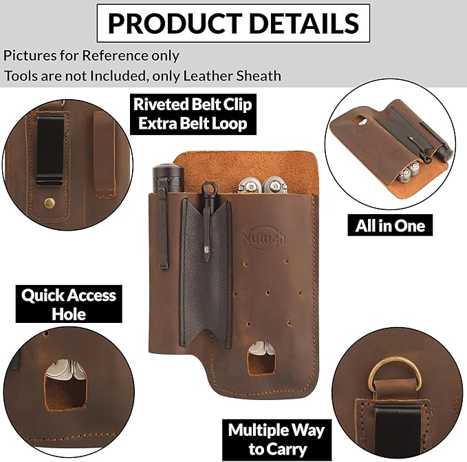 Leather EDC Multitool Sheath with Flip Closure | Leather EDC Belt Organizer | Flashlight Holster | Heavy Duty Multitool Organizer