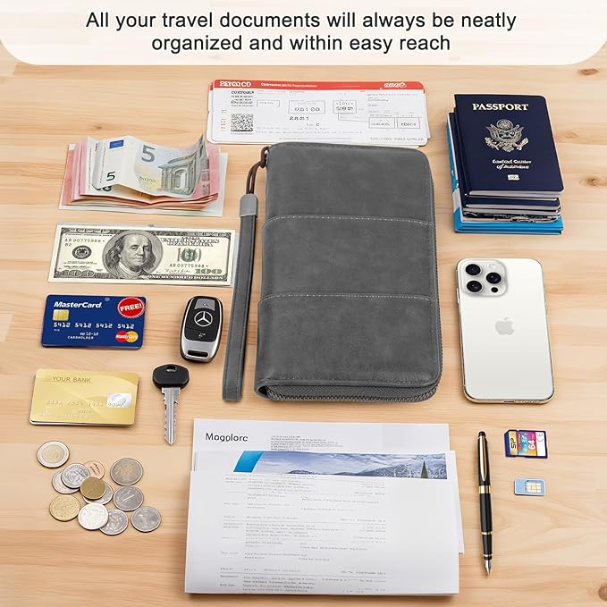 Family Passport Holder Wallet with Zipper, RFID Blocking Travel Document Organizer, PU Leather Passport Wallet for Women Men, Passport Cover Travel Wallet for Boarding Pass, ID, Money, Ticket