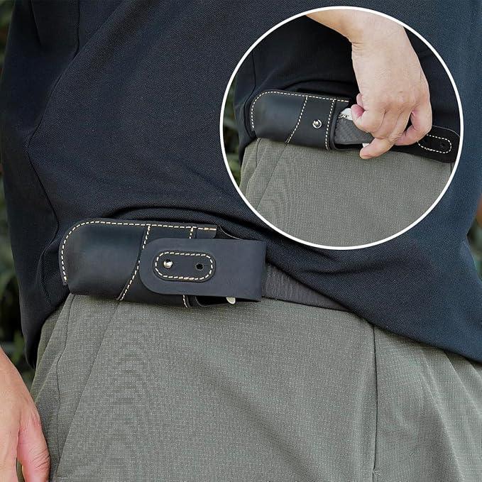 Topstache Leather Knife Sheath for Belt - Horizontal Carry Knife Holster - EDC Belt Organizer - Leather Multitool Sheath Pouch with Two Snap Closure for Folding Knife, Black