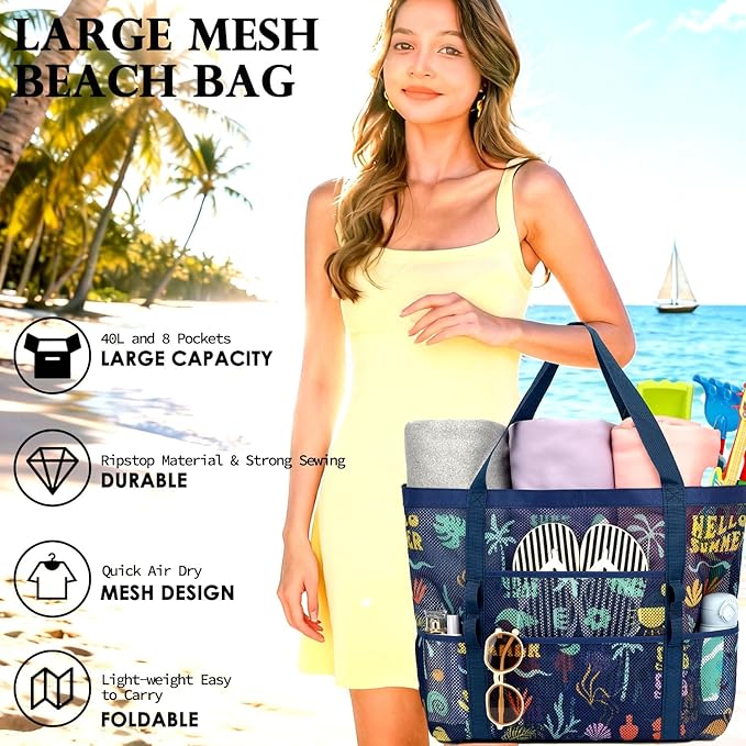 Mesh Beach Bag, Large Beach Tote with Zipper Pocket, Toys Pool Bag for Family Travel Vacation Cruise Essentials