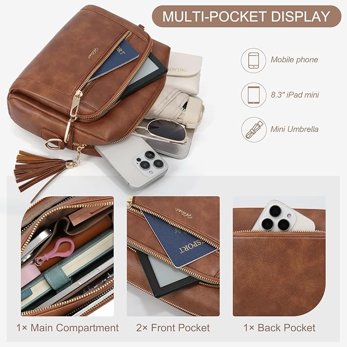 Small Leather Crossbody Bags for Women Anti theft Purses and Handbag Shoulder Hangbag with Wide Strap Tassel