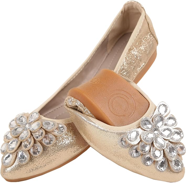 Flats Shoes for Women Rhinestone Wedding Ballerina Shoes Foldable Sparkly Comfort Slip on Flat Dressy Flats