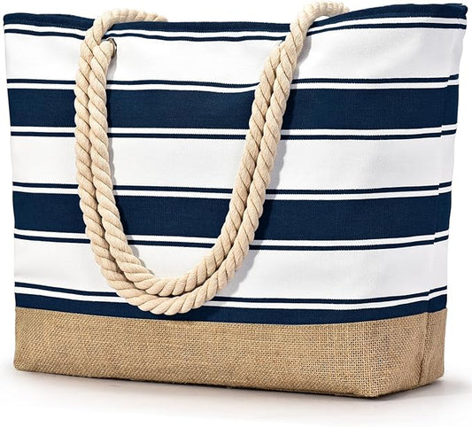 Becokan Beach Bags for Women Large Canvas Beach Tote Bag Beach Bags Waterproof Sandproof Swim Pool Bag Travel Essentials