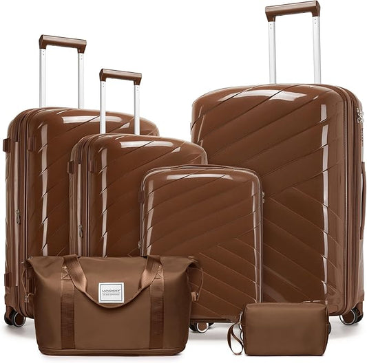 6 Piece Luggage Set Carry on Suitcase with Spinner Wheels, Expandable Hardshell Luggage PP Lightweight Suitcase Set for Women(32/28/24/20in Mocha)