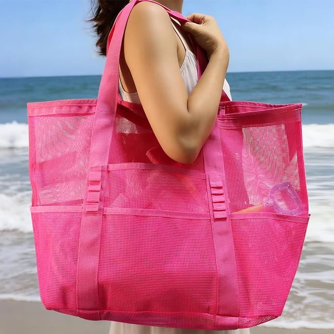 Large Mesh Beach Tote Bag, 9-Pocket Foldable Summer Vacation Beach Bag for Travel, Pool, Gym, Cruise
