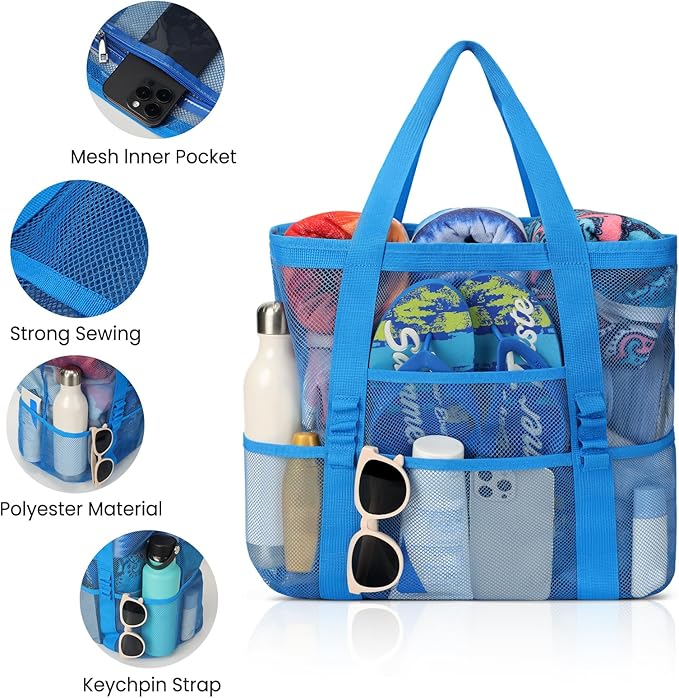 Beach Bag - Mesh Beach Bag Large 8 Pockets, Beach Tote Bag Beach Essentials for Vacation Must Haves