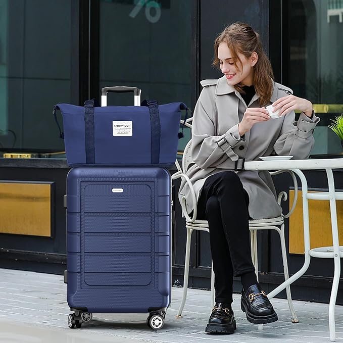 SHOWKOO Luggage Sets with Duffle Bag Expandable 100% PC Durable Suitcase Double Wheels TSA Lock 5pcs Blue