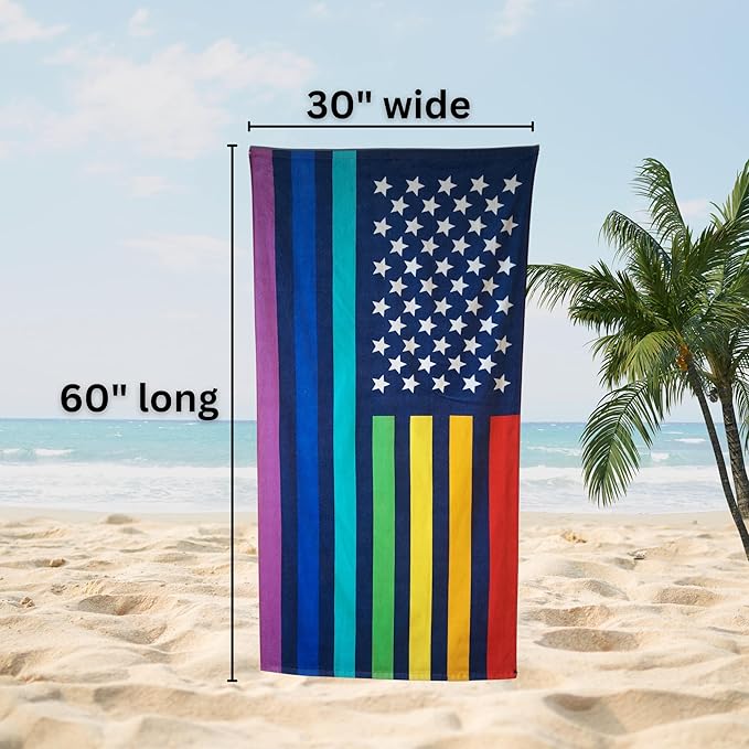 Neon Pride Flag Beach Towel 30”x60” - Soft Cotton Velour, Highly Absorbant, Quick Dry, Easy-Pack for Spring Break, Vacation, Beach, Pool - Lightweight, Compact for Travel - Novelty LGBTQ Gift