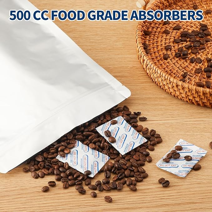 120PCS Mylar Bag Bundle, 4 Multi-Size Pouches(11Mil), 100x500cc Oxygen Absorbers, 120 Labels, Heat Sealable, Food Safe, BPA-Free – for Strong, Secure Long Term Food Storage, Silver