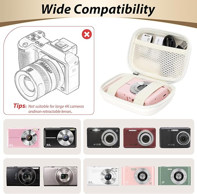 Digital Camera Case for CAMKORY, KODAK PIXPRO FZ45/FZ55, Canon IXUS 285 HS, Lecran, Small Travel Compact Camera Holder with Mesh Pocket for Accessories SD Card (White)