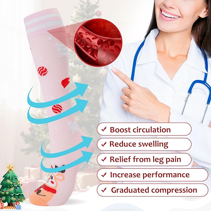 fenglaoda 3 Pairs Compression Socks for Women & Men Knee High Nurse Pregnant Cute Medical Running Travel Athletic