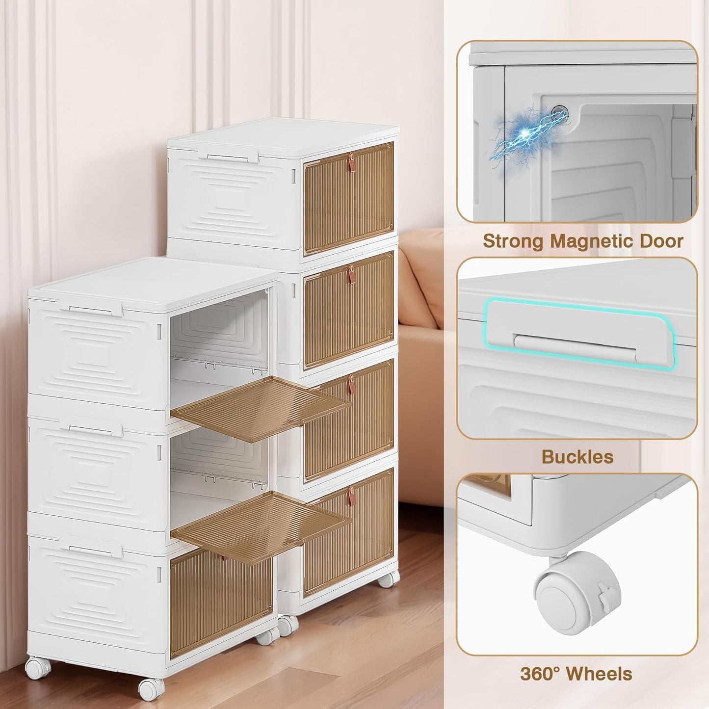 VECELO 3 Tier Stackable Storage Boxes with Magnetic Doors & Wheels, Foldable Storage Containers, 23 QT Closet Organizers for Living Room, Office, Dorm