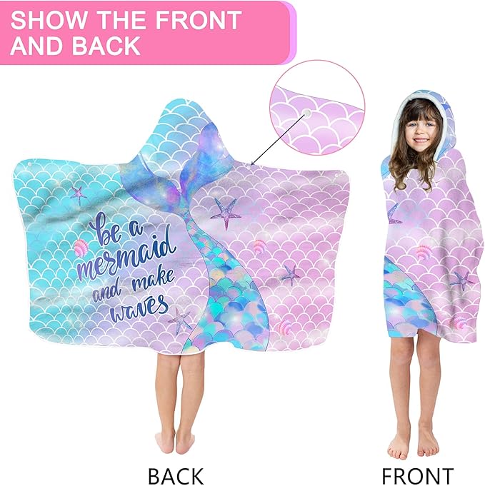 Bonsai Tree Mermaid Hooded Beach Towel,Kids Little Mermaid Tail Poncho Towel for Girls,Quick Dry 30”x50” Pink Bath Towel for Pool Swiming