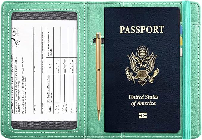 HerriaT Passport and Vaccine Card Holder Combo,Cover Case with CDC Vaccination Card Slot, Leather Travel Documents Organizer Protector, with RFID Blocking, for Women and Men