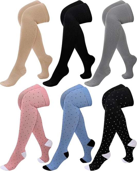 6 Pcs Large Size Thigh Compression Socks for Women Men 20-30 Mmhg Circulation Wide Calf Knee Support Stocking for Nurse, Running, Travel