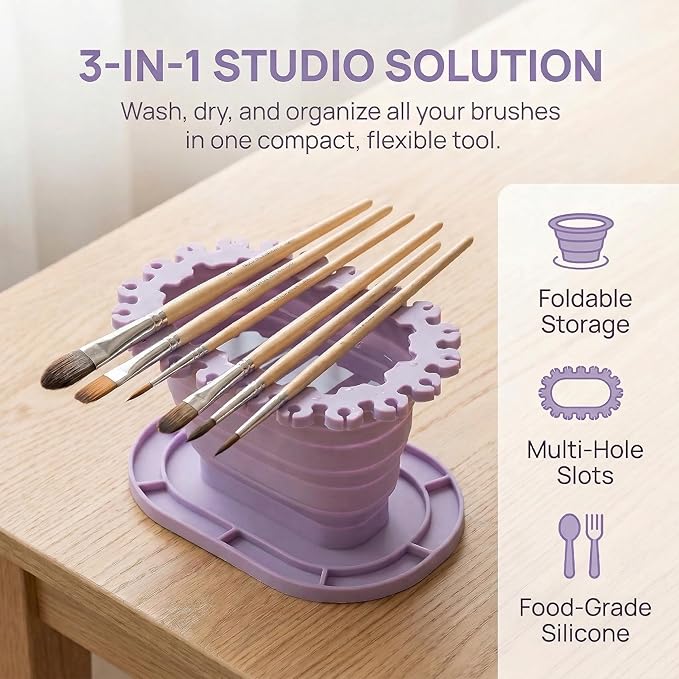 Foldable Silicone Paint Brush Cleaner Cup with Holder, Collapsible Basin for Acrylic, Watercolor & Oil Painting, Portable Artist Travel Supplies, Multi-Size Brush Drying Rack & Mixing Palette,Purple
