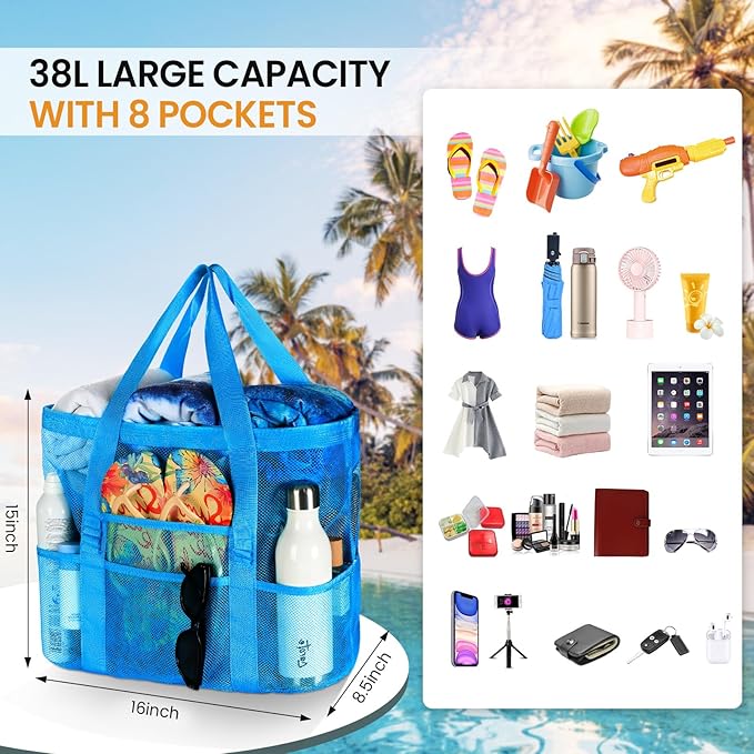 Tavaleu Mesh Beach Bag - Large Beach Tote with Multi Functional Pockets for Family Travel/Vacation