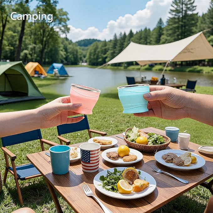 Collapsible Travel Cup with Lid (6oz/180ml) - BPA Free Silicone Folding Cup with Stainless Steel Rim - Portable Pocket Size Drinking Cup for Mouthwash, Pills,Hiking, Camping & Kids(Yellow)