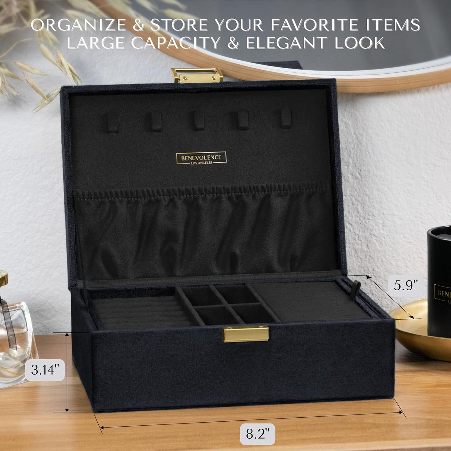 Benevolence LA 2 Layer Jewelry Box for Women, Large Velvet Jewelry Organizer with Decorative Lock, Removable Jewelry Tray, Earrings, Bracelets, Rings and Necklace Storage Box - Ebony