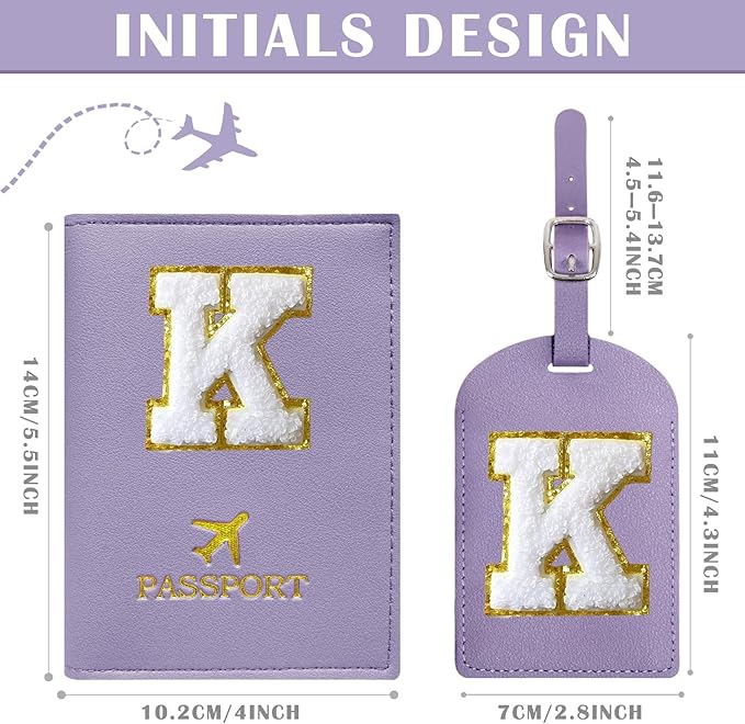COSHAYSOO Purple Initial Passport Cover Holder and Luggage Tag Set TSA Approved with Chenille Letter Patch for Women Teenage Girls, Traveling Necessities Supply Unique Bag Suitcase Identifier (K)