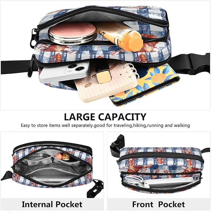 Kawaii Buffalo Check Plaid Lobster Fanny Pack for Women Men Water Resistant Fashion Waist Packs with Adjustable Strap Belt Bag for Travel Workout Jogging Hiking 21220241