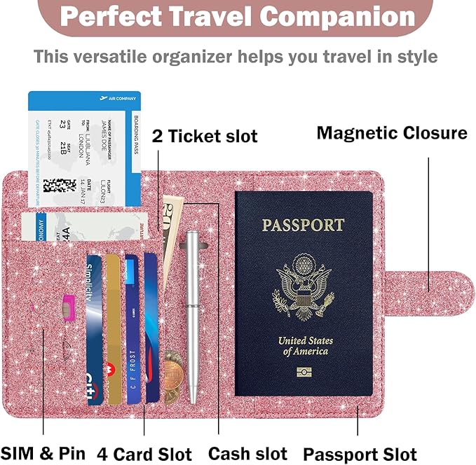 HOTCOOL Passport Holder Travel Essentials Airplane & Cruise Essentials Ship Leather Wallet Cover Case RFID Blocking Women & Men Vacation Travel Accessories Gifts Deals, Glitter - Pink