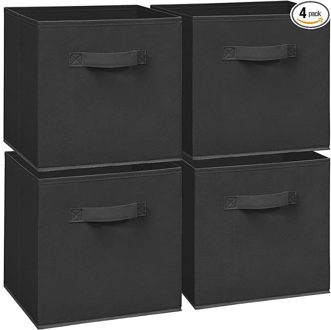 11 Inch Fabric Storage Cubes, Sturdy Foldable Storage Bins, Heavy Duty Cube Organizer for Clothes, Blankets, Shelves, Closets, Bedroom, Living Room, Black, 4 Pack