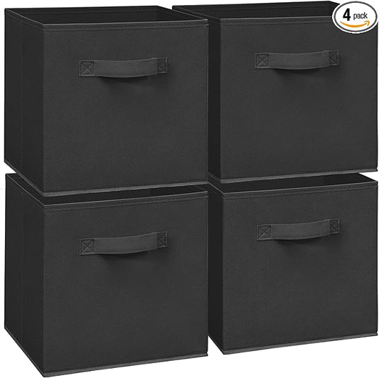 11 Inch Fabric Storage Cubes, Sturdy Foldable Storage Bins, Heavy Duty Cube Organizer for Clothes, Blankets, Shelves, Closets, Bedroom, Living Room, Black, 4 Pack