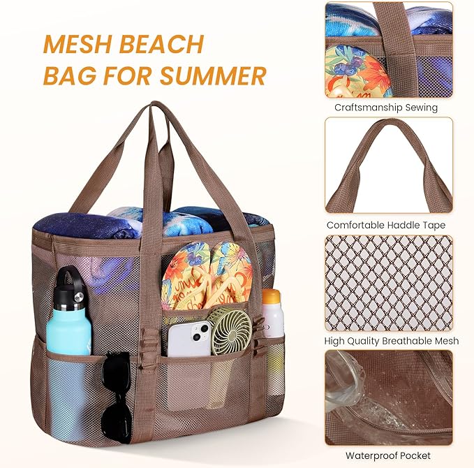 Tavaleu Mesh Beach Bag - Large Beach Tote with Multi Functional Pockets for Family Travel/Vacation