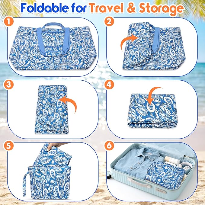 BKNOOU Extra Large Beach Bags Waterproof Sandproof XL Beach Tote Bag for Women Zipper Foldable Swim Pool Bag with Wet Pocket