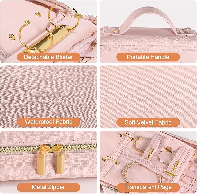 Travel Jewelry Case Organizer for Women, Jewelry Storage Book with Small Pouch, Travel Jewelry Bag Case for Traveling Necklace, Earrings, Rings, Bracelet Organizer (Pink)