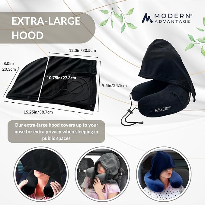 Modern Advantage Inflatable Travel Pillow for Airplanes with Comfort Hood, Adjustable Neck Support, Lightweight & Compact Flight Pillow for Sleeping on Long Flights & Travel (Black)