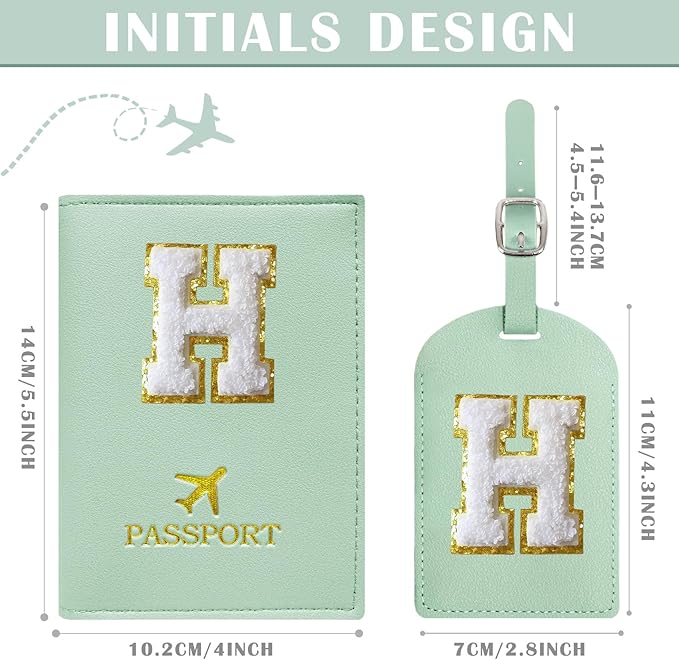 COSHAYSOO Green Initial Passport Cover Holder and Luggage Tag Set TSA Approved with Letter Name Patch for Women Teenage, Travel Passport Book Vaccine Card Combo Bag Suitcase Identifier (H)