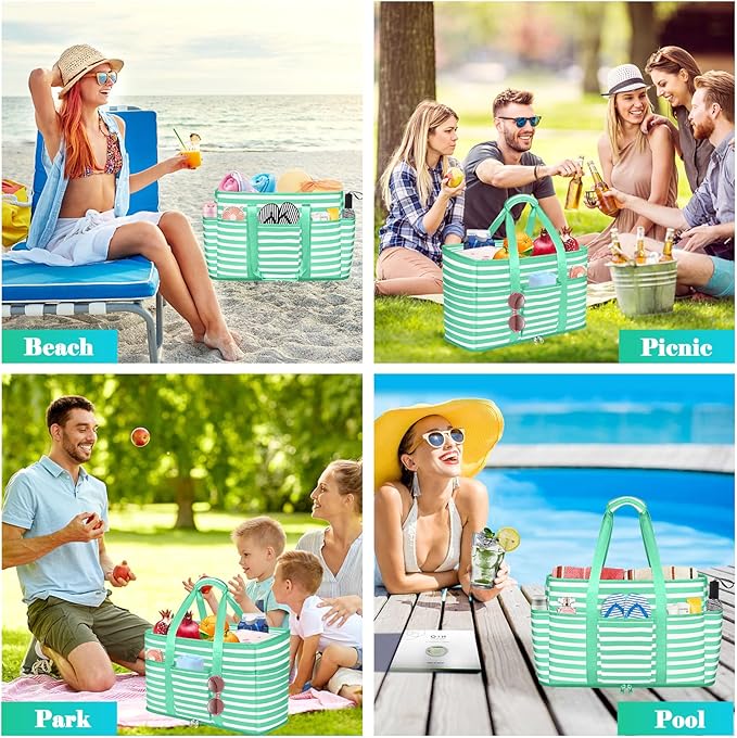 Large Beach Bag with Zipper, 12 Pockets Waterproof Sandproof Pool Bag Womens Mesh Beach Tote Bag for Travel Vacation