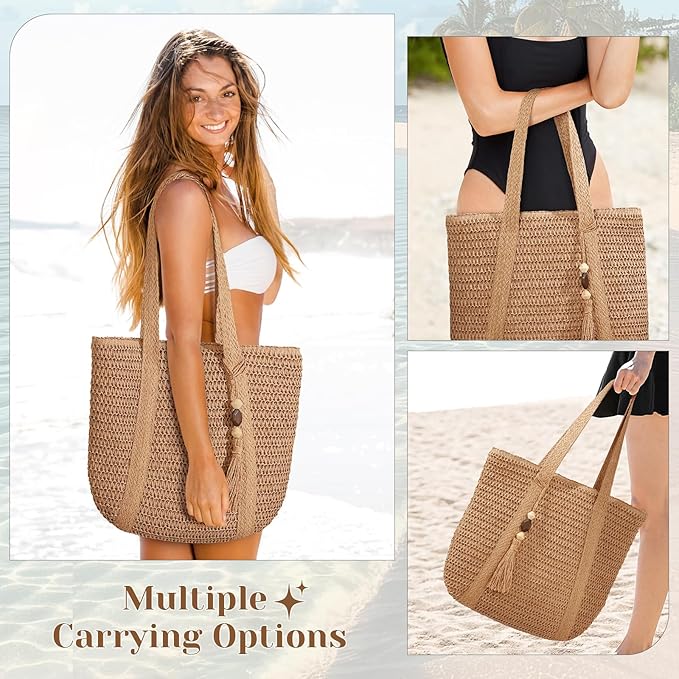 Pleneal Straw Beach Bags for Women - Women Beach Handmade Woven Tote Bag, Summer Mesh Hollow Shoulder Bag for Holiday