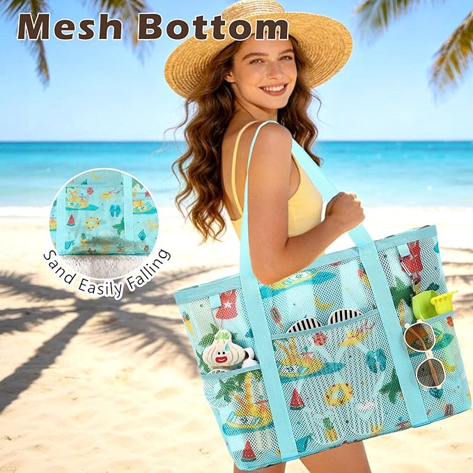 Mesh Beach Bag with Zipper, Large Beach Tote for Women, Toys Pool Swim Bag Travel Vacation Cruise Essentials