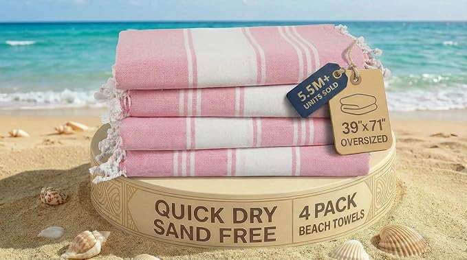 LANE LINEN Turkish Beach Towel Set of 4 - Beach Towels, Pre-Washed Pool Towel, Extra Large Beach Towel, Quick Dry & Sand Free, Absorbent Travel Towel, 39"x71" - Candy Pink